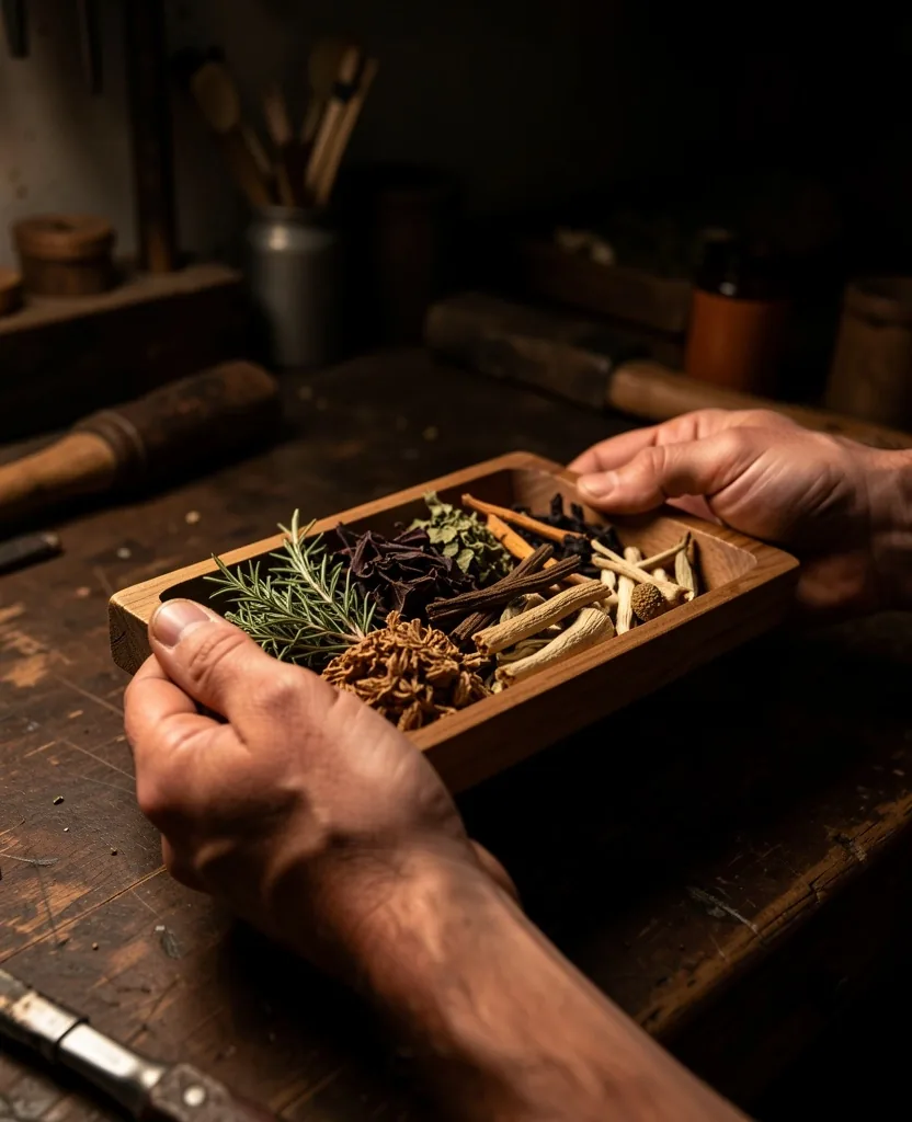Hands holding dried botanical ingredients