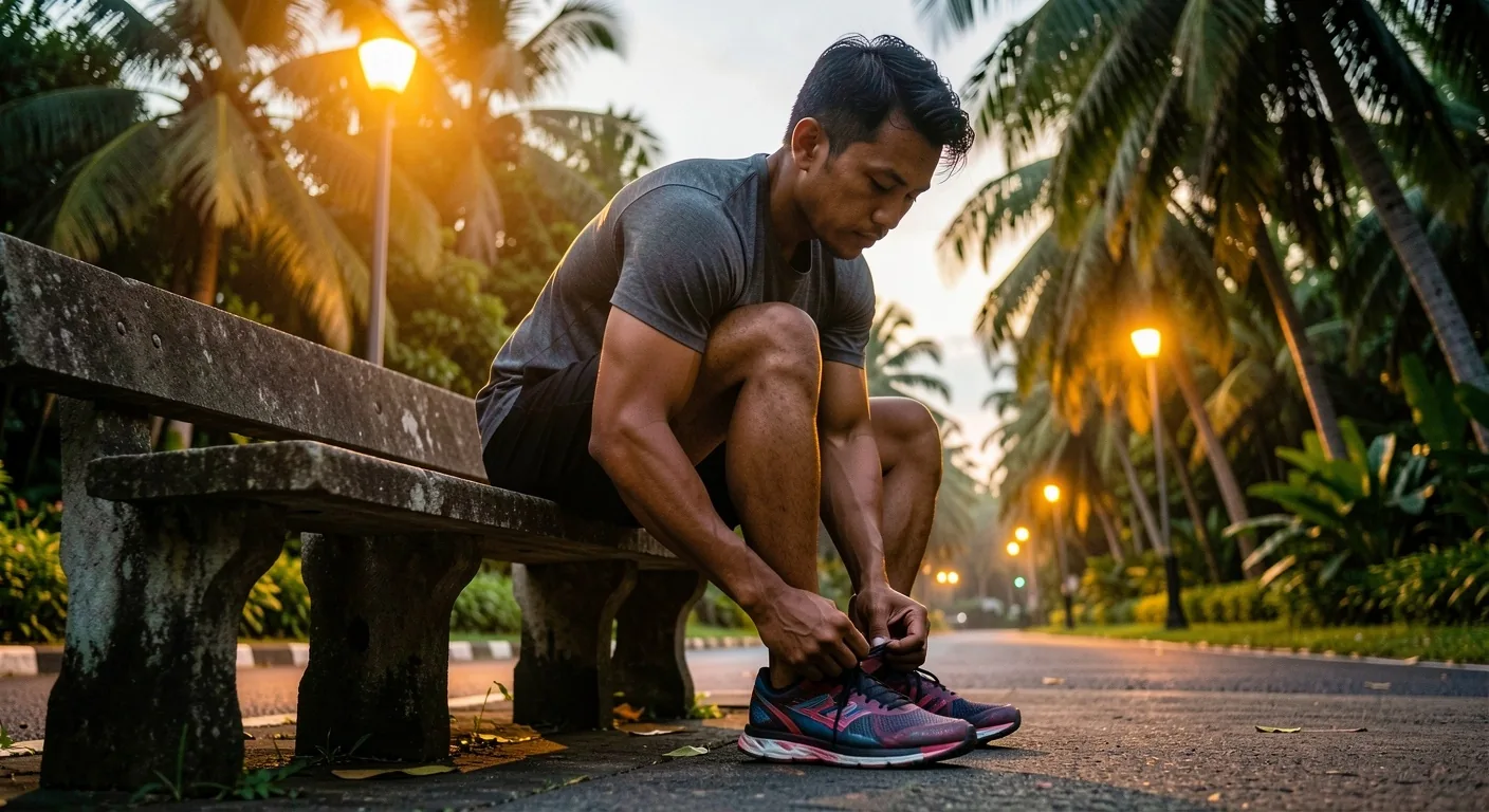 A man preparing for outdoor exercise at dawn