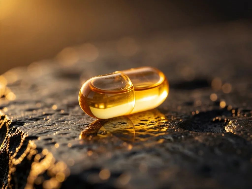 A golden vitamin D capsule on a dark stone surface