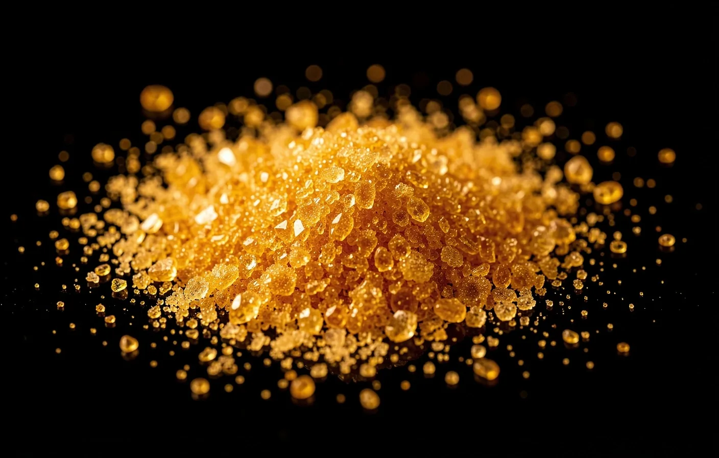 Close-up of crystalline vitamin powder on a dark surface