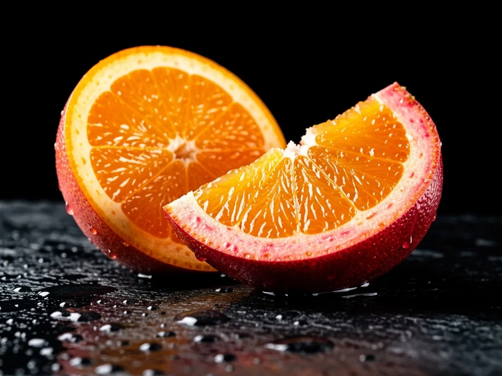 Fresh orange and guava slices on a dark wet stone surface