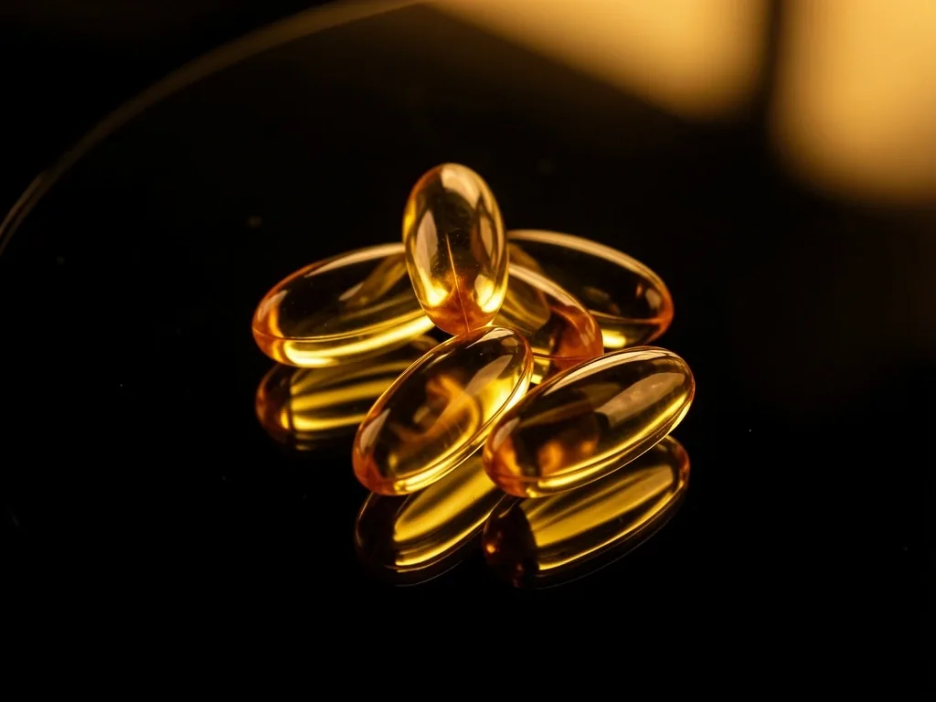 Golden omega-3 softgel capsules on a dark glass surface