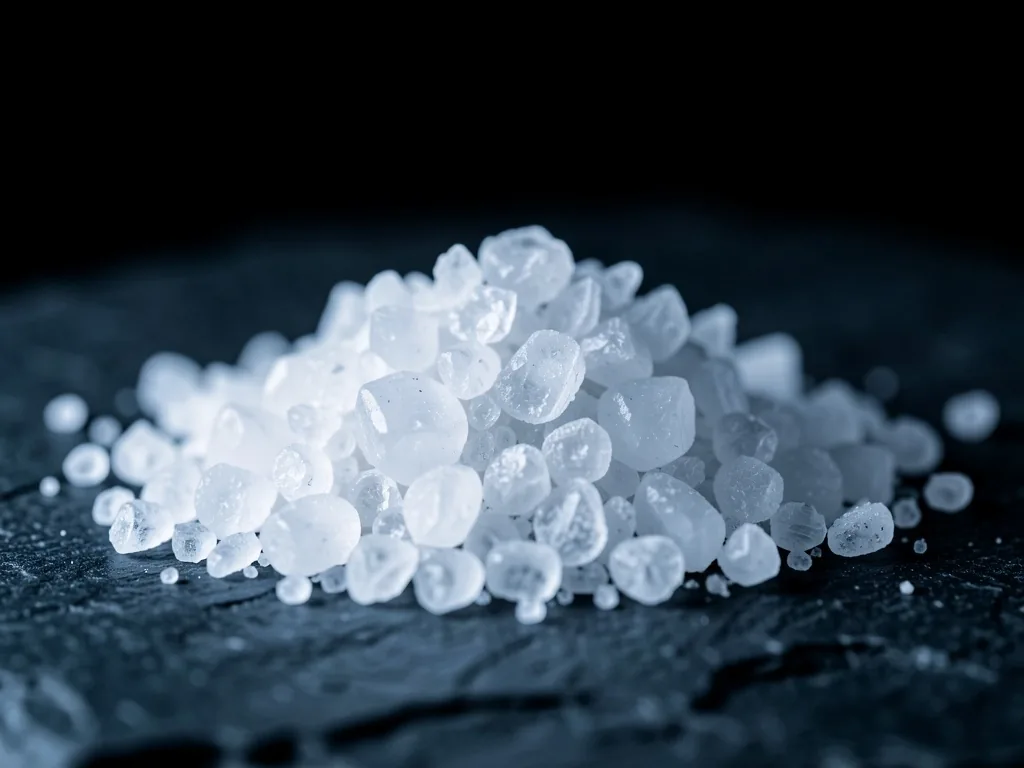 Magnesium powder crystals on a dark stone surface