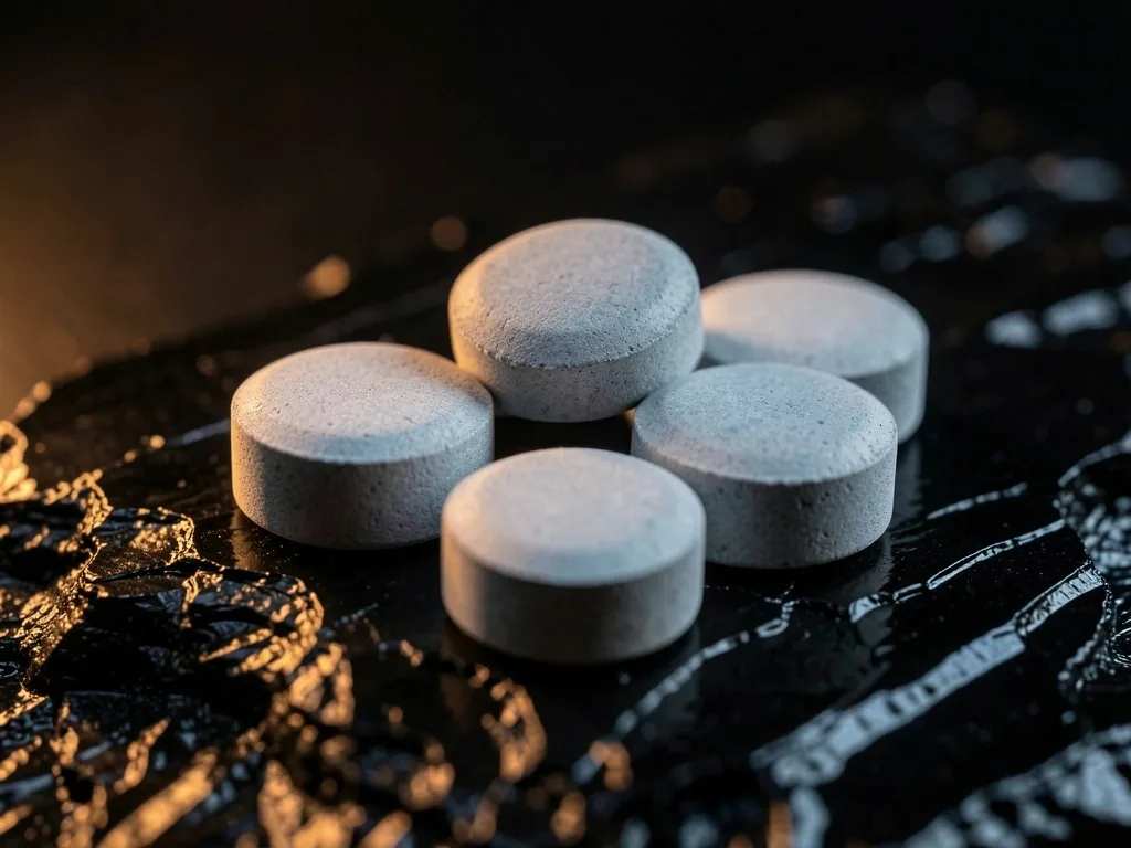 Zinc tablets on a dark obsidian surface