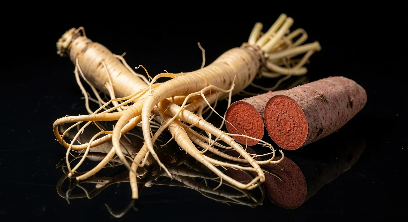 Botanical ingredients including ginseng and maca roots photographed in clinical macro detail