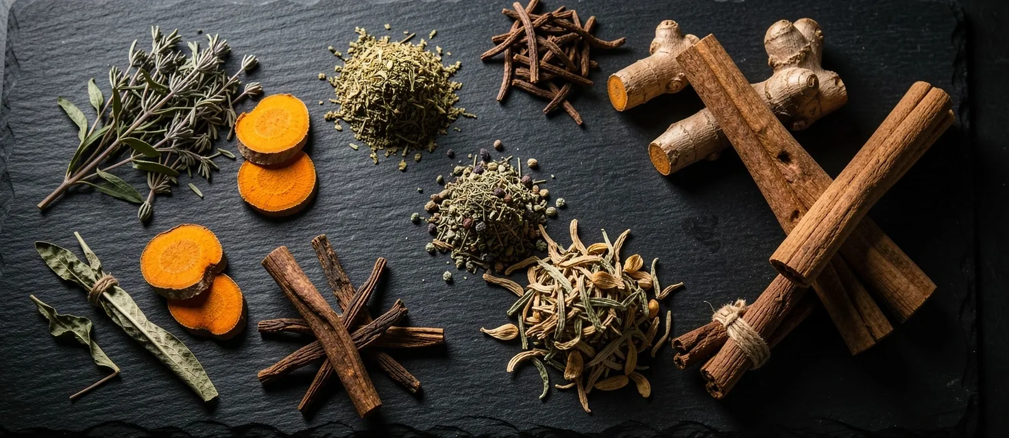 Dried botanical herbs and roots arranged on a dark surface