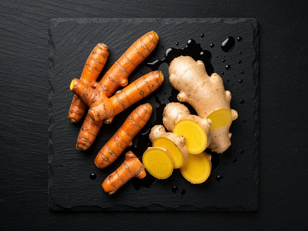 Fresh turmeric and ginger roots on a dark surface
