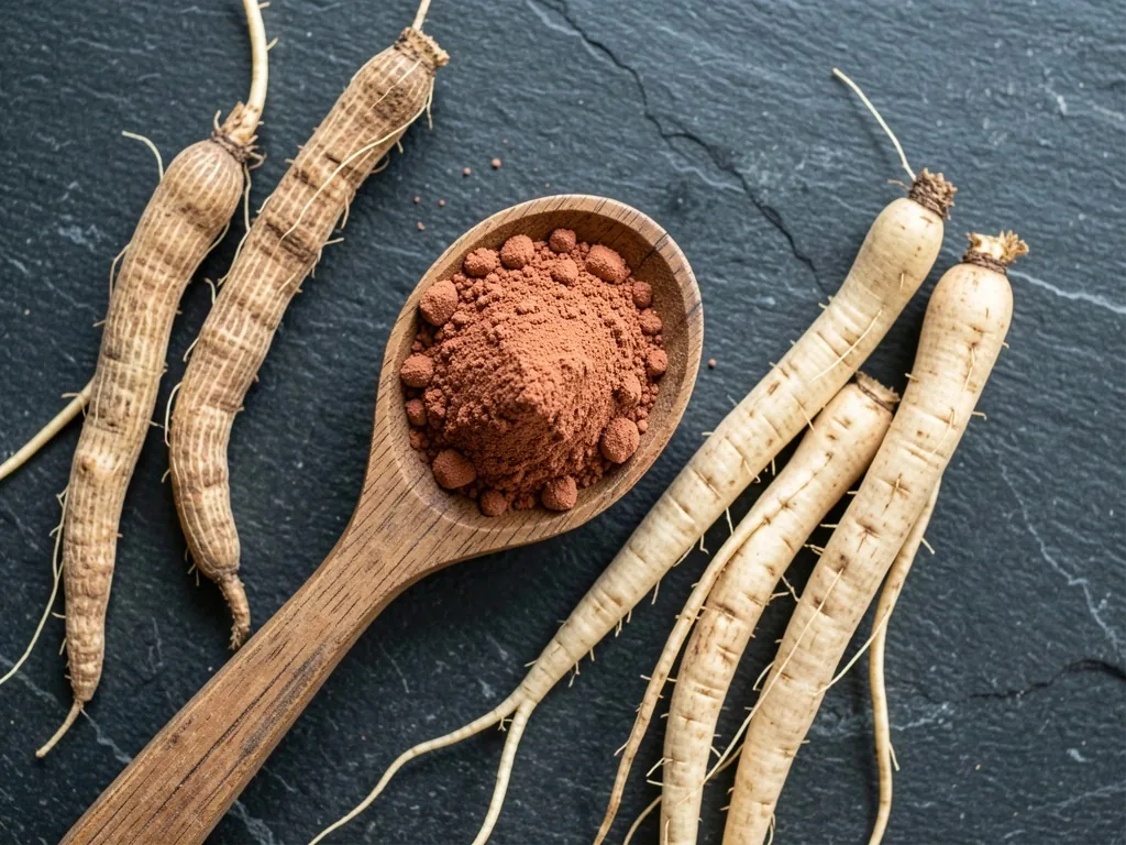 Maca root powder in a dark ceramic bowl