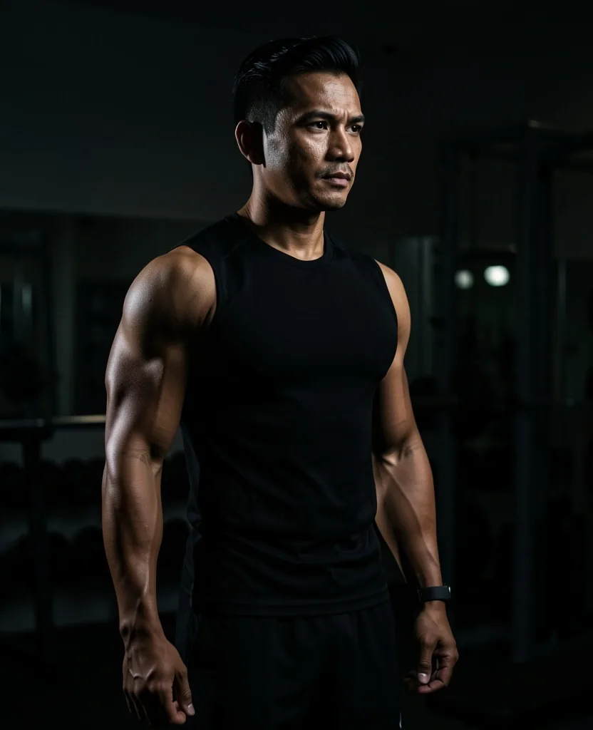Portrait of a mature fit man in a dimly lit athletic setting