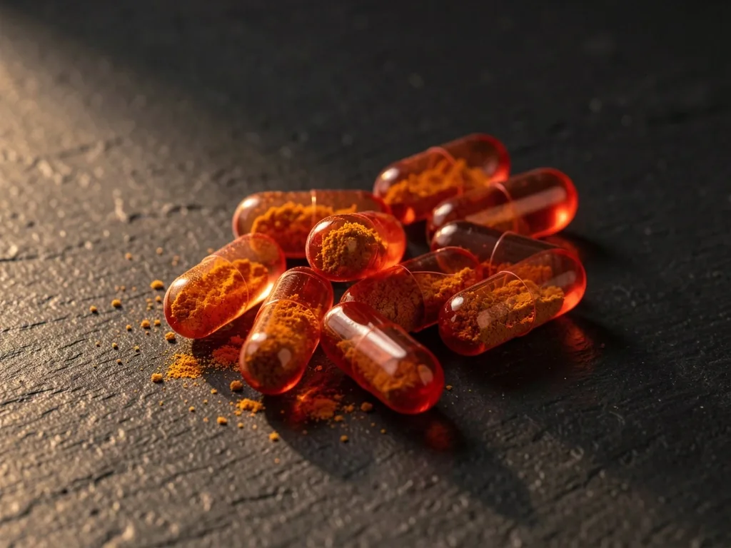 Red ginseng capsules arranged on a dark stone surface