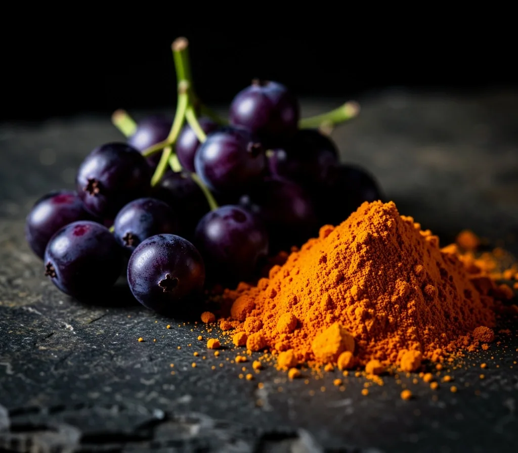 Elderberries and turmeric powder on a dark stone surface