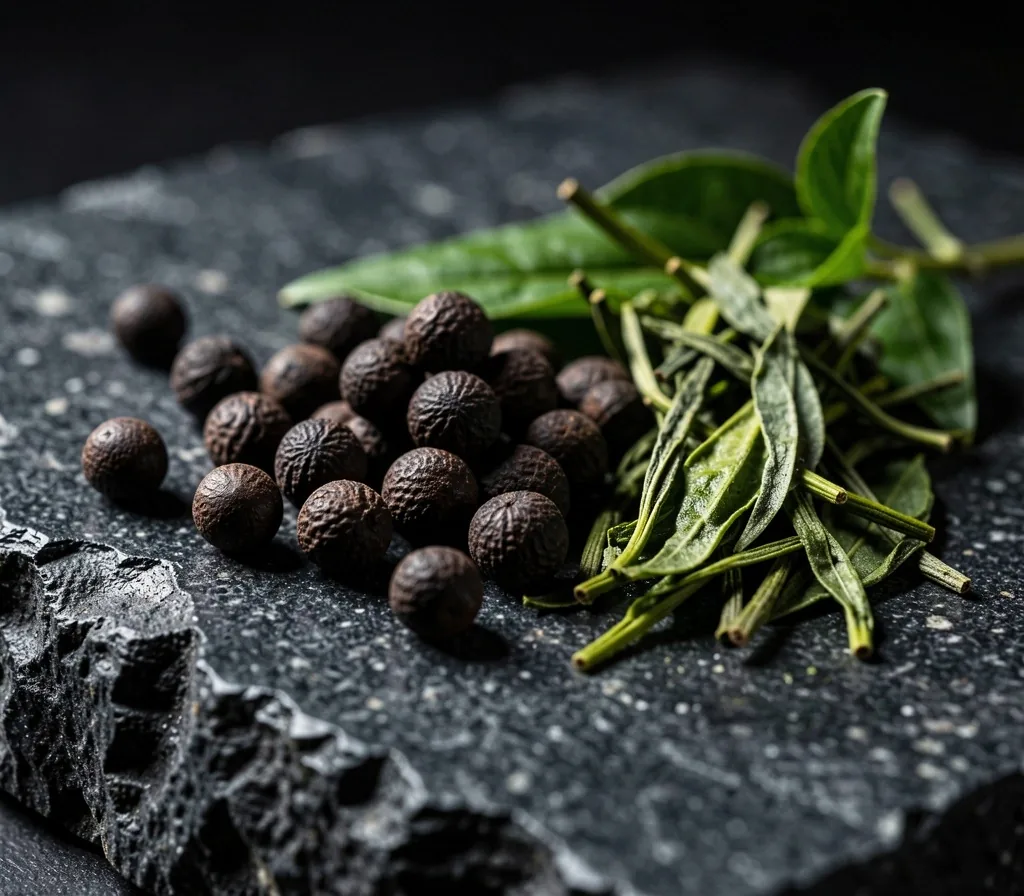Guarana seeds and green tea leaves on a dark plate