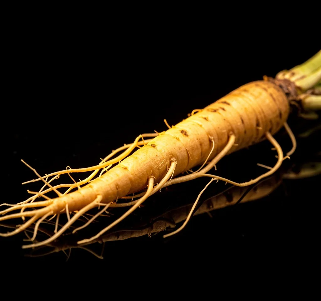 Macro photograph of ginseng root on a dark surface