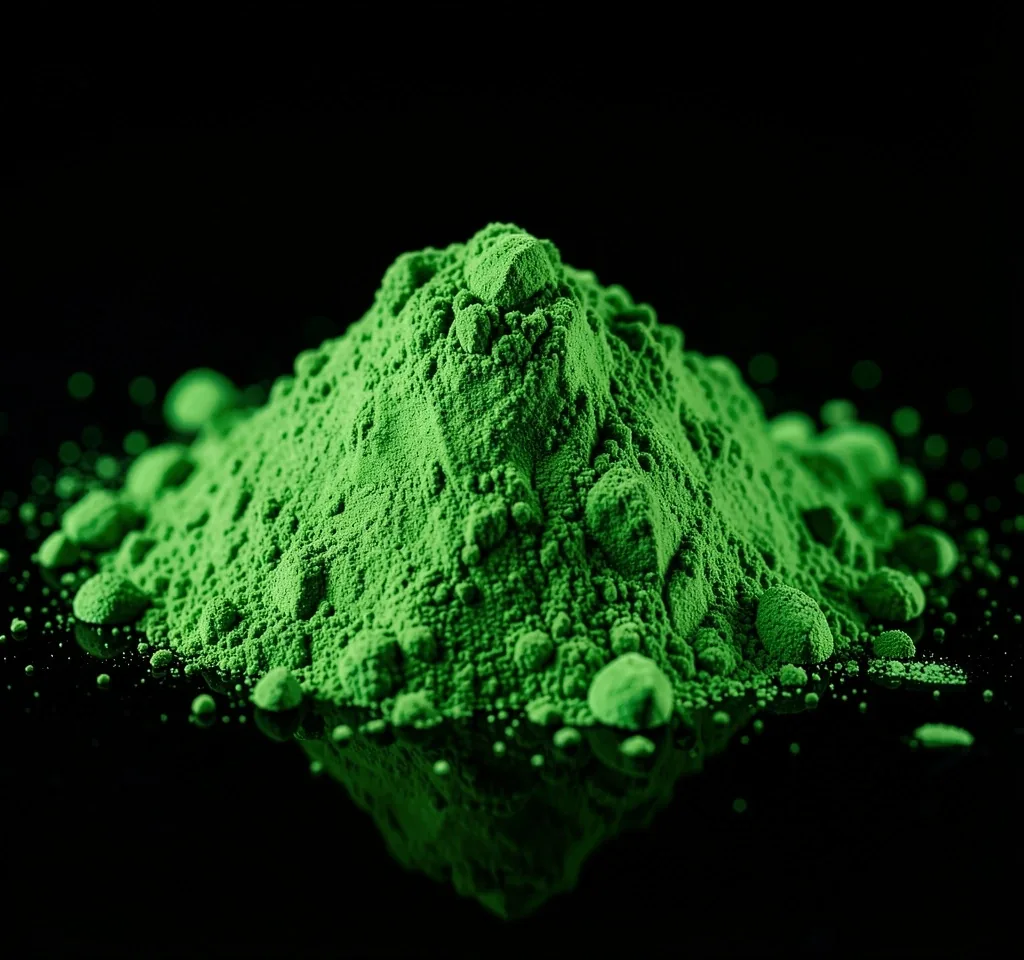Spirulina and wheatgrass powder on a dark surface