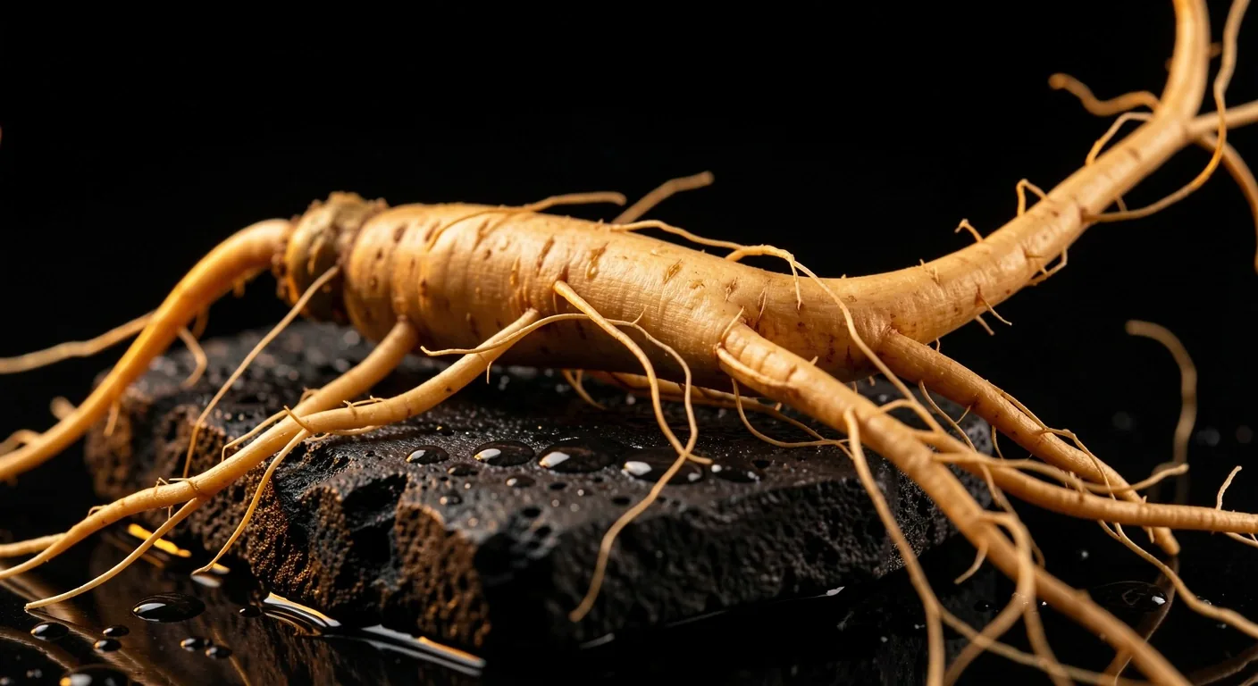 Fresh ginseng root on dark stone surface