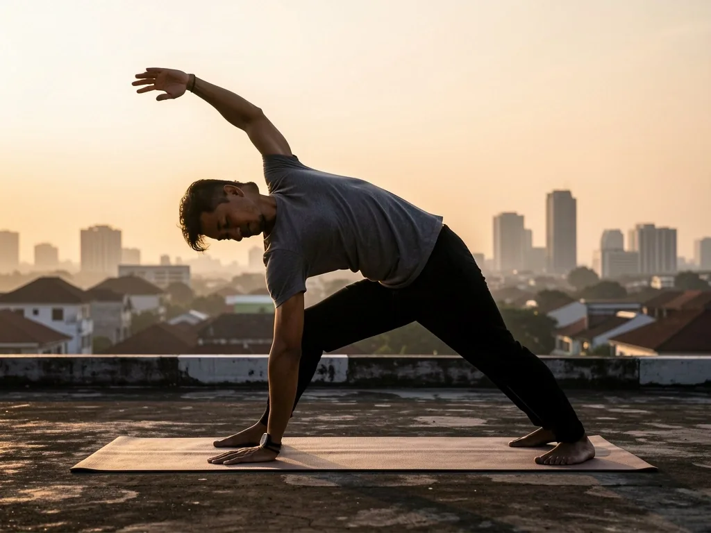 Man stretching on a Bandung rooftop at sunrise