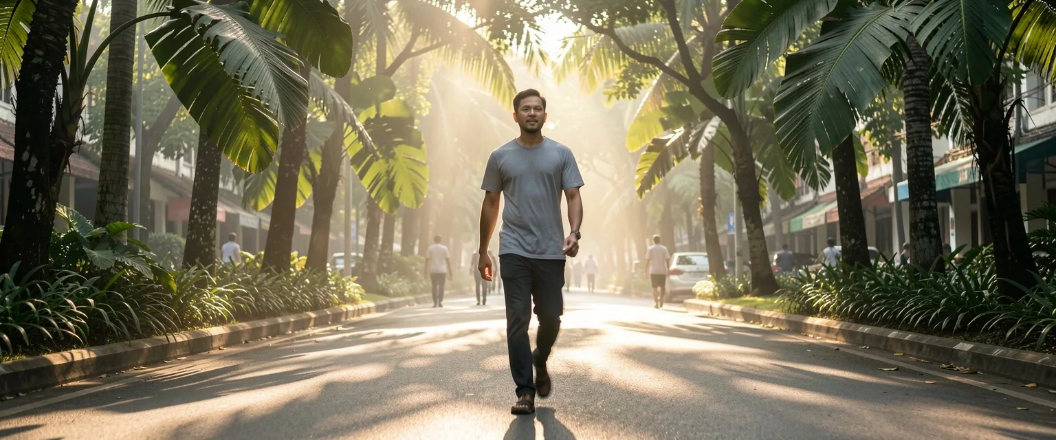 Man walking through tree-lined Bandung street
