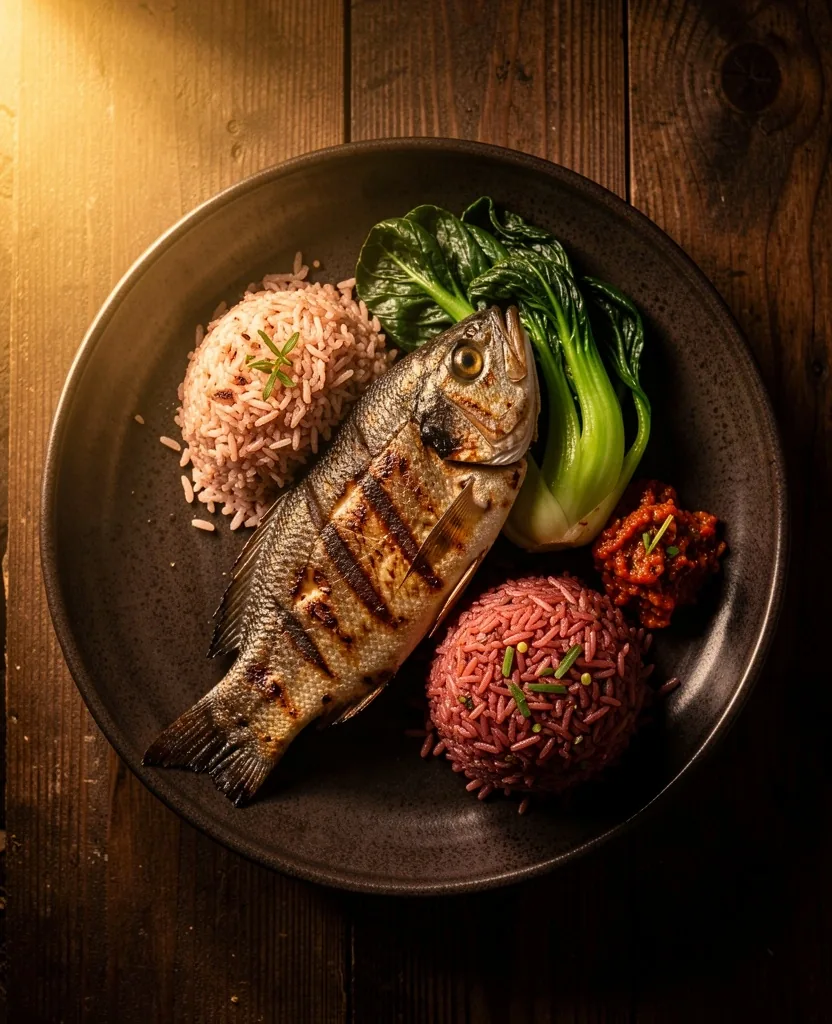 Nutritious Indonesian meal on dark plate